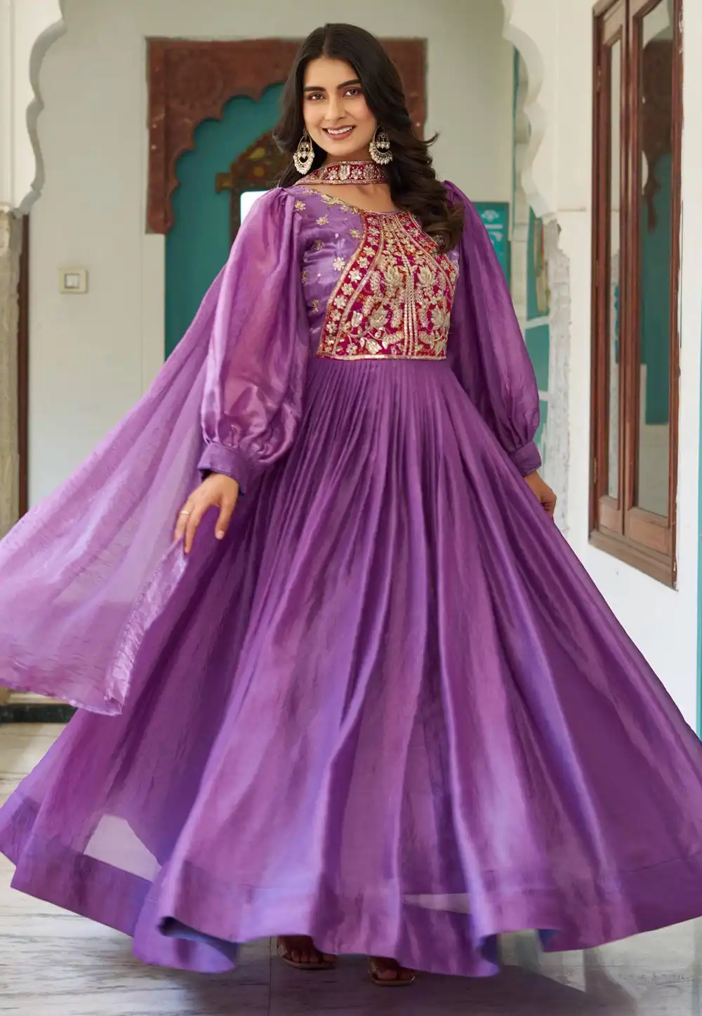 Lavender Silk Readymade Anarkali Suit 319611