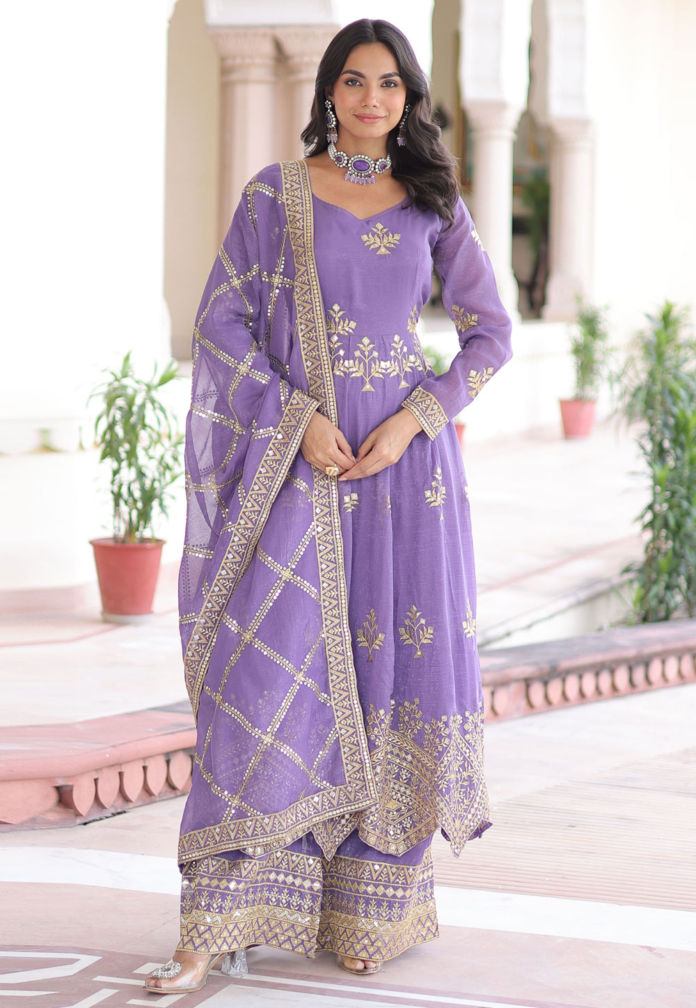 Lavender Silk Readymade Anarkali Suit 321152