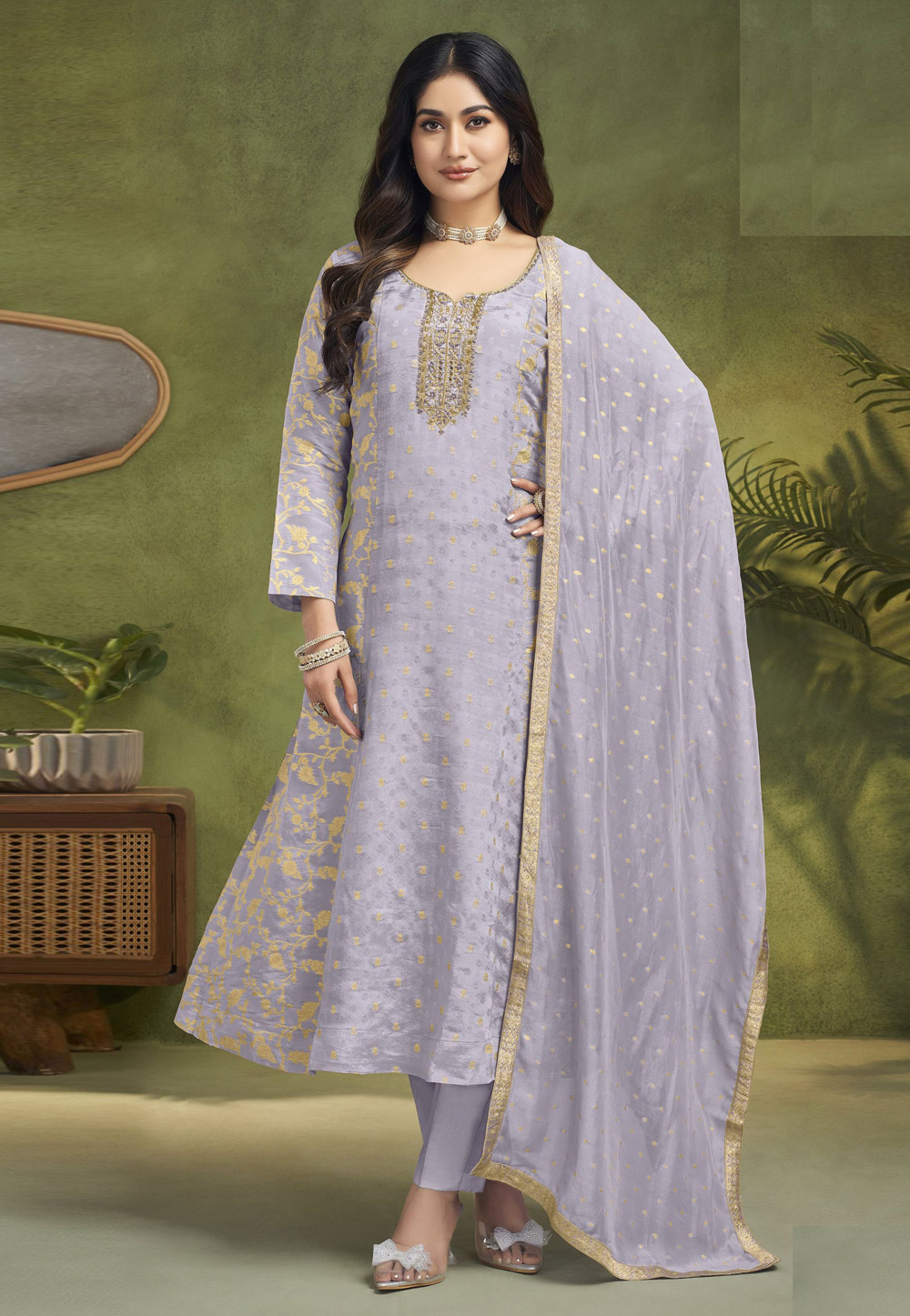 Lavender Silk Readymade Anarkali Suit 310866