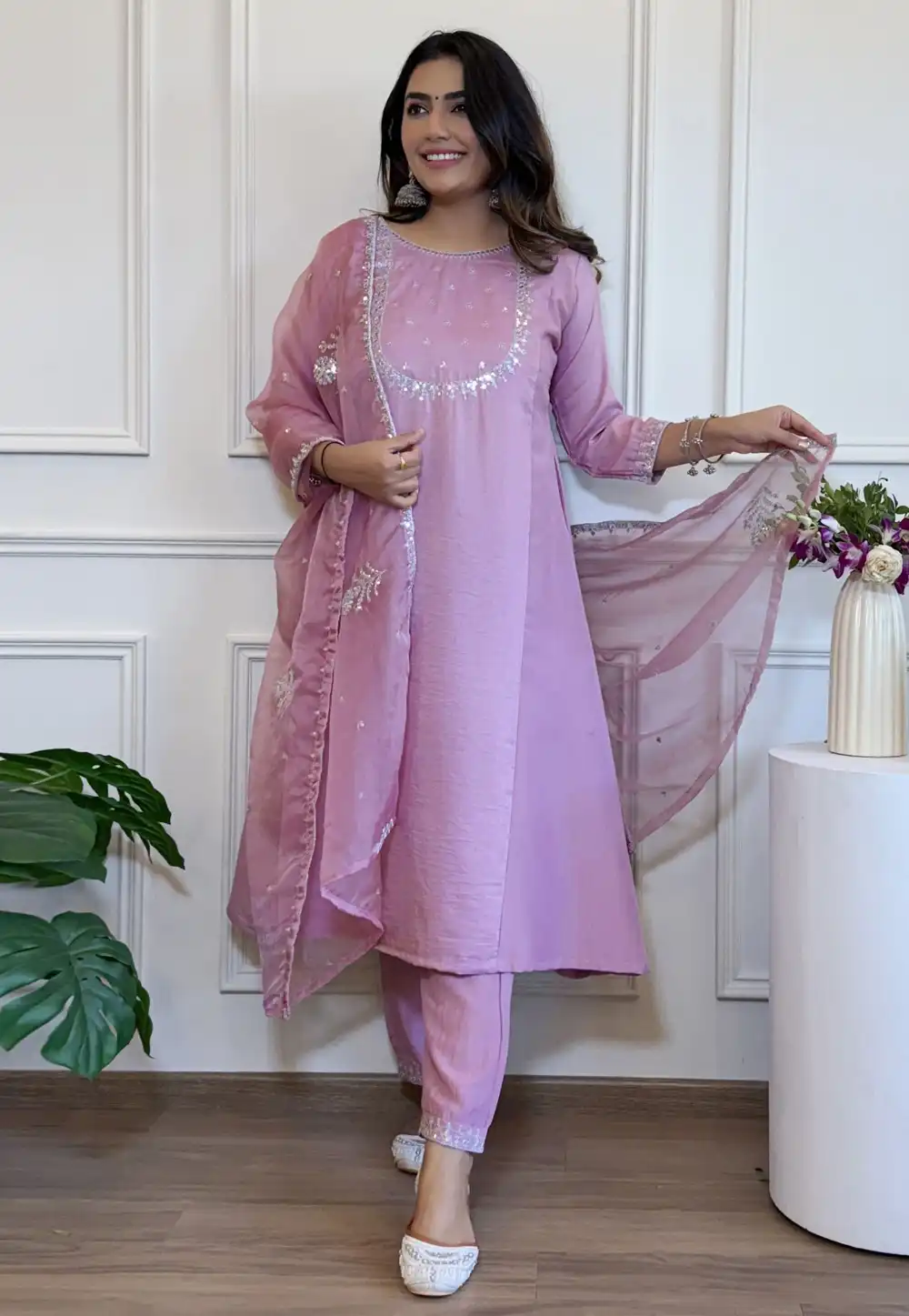 Lavender Silk Readymade Anarkali Suit 312326
