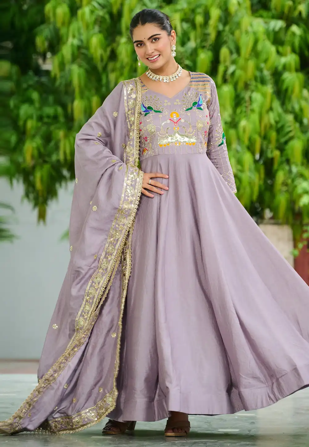 Lavender Silk Readymade Long Anarkali Suit 321214