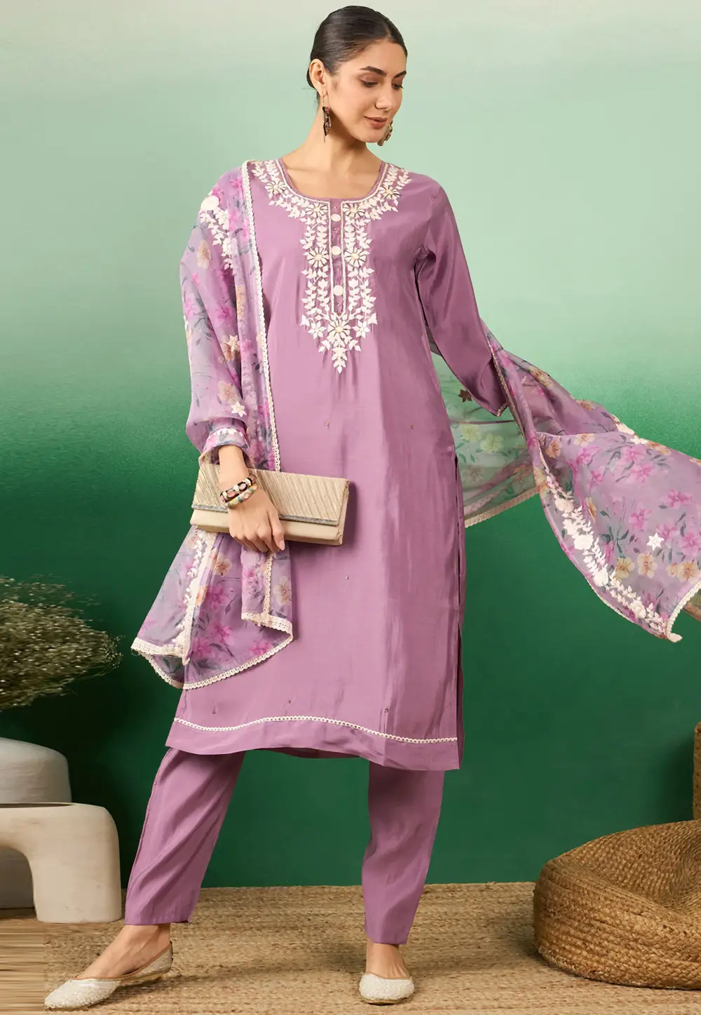 Lavender Silk Readymade Pakistani Suit 332256