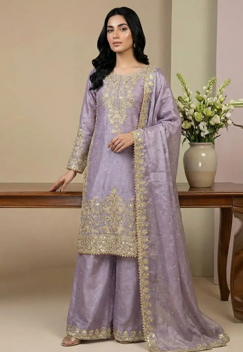 Lavender Silk Readymade Pakistani Suit 324985