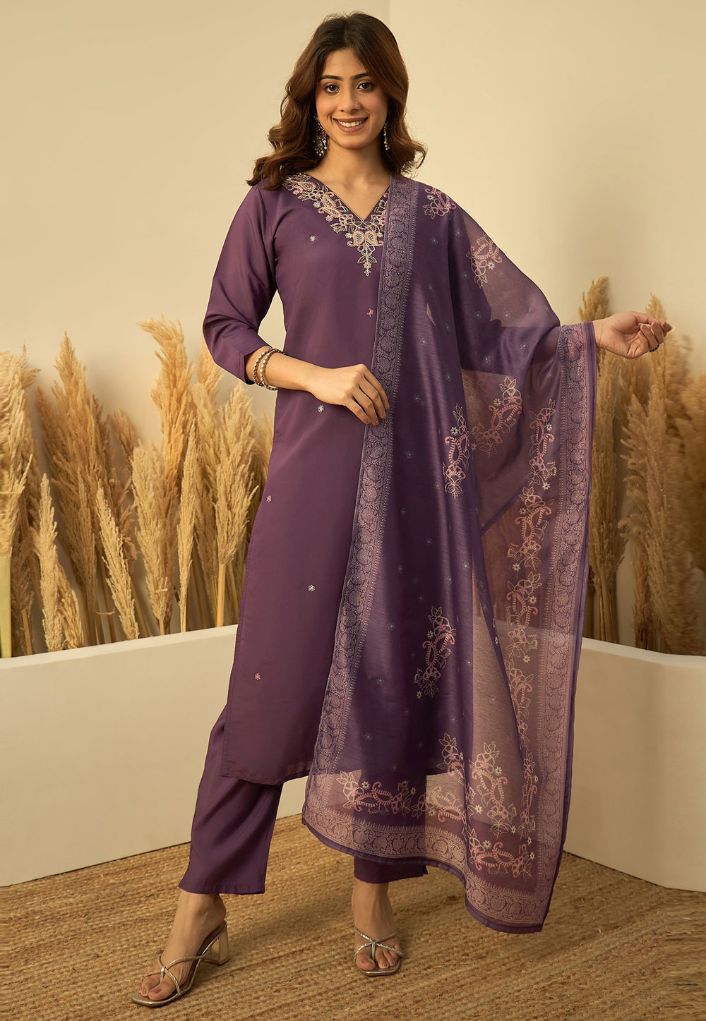 Lavender Silk Readymade Pakistani Suit 328630