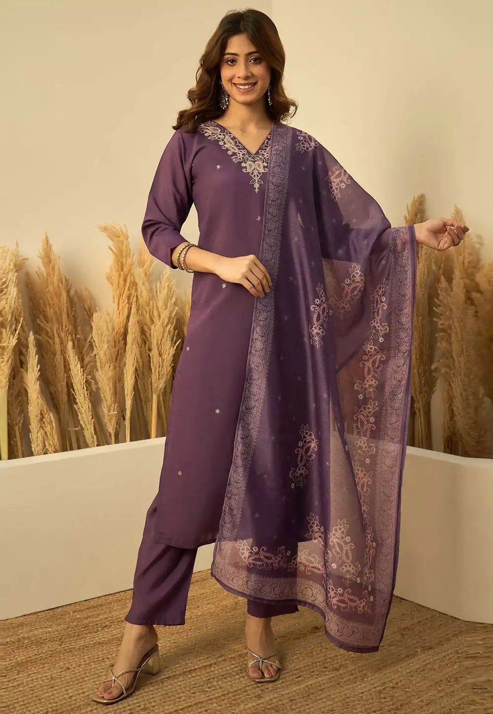 Lavender Silk Readymade Pakistani Suit 328630