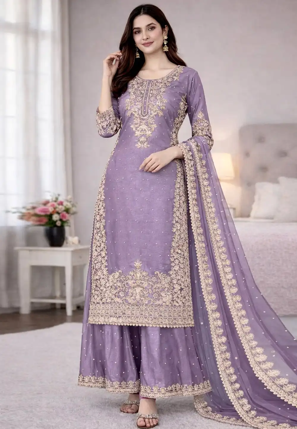 Lavender Silk Readymade Pakistani Suit 323341
