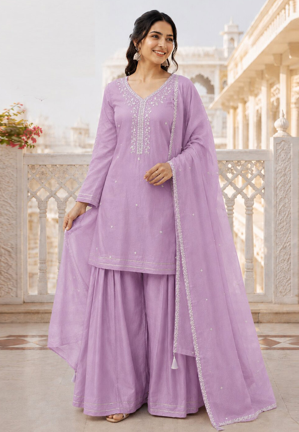 Lavender Silk Readymade Palazzo Suit 329614