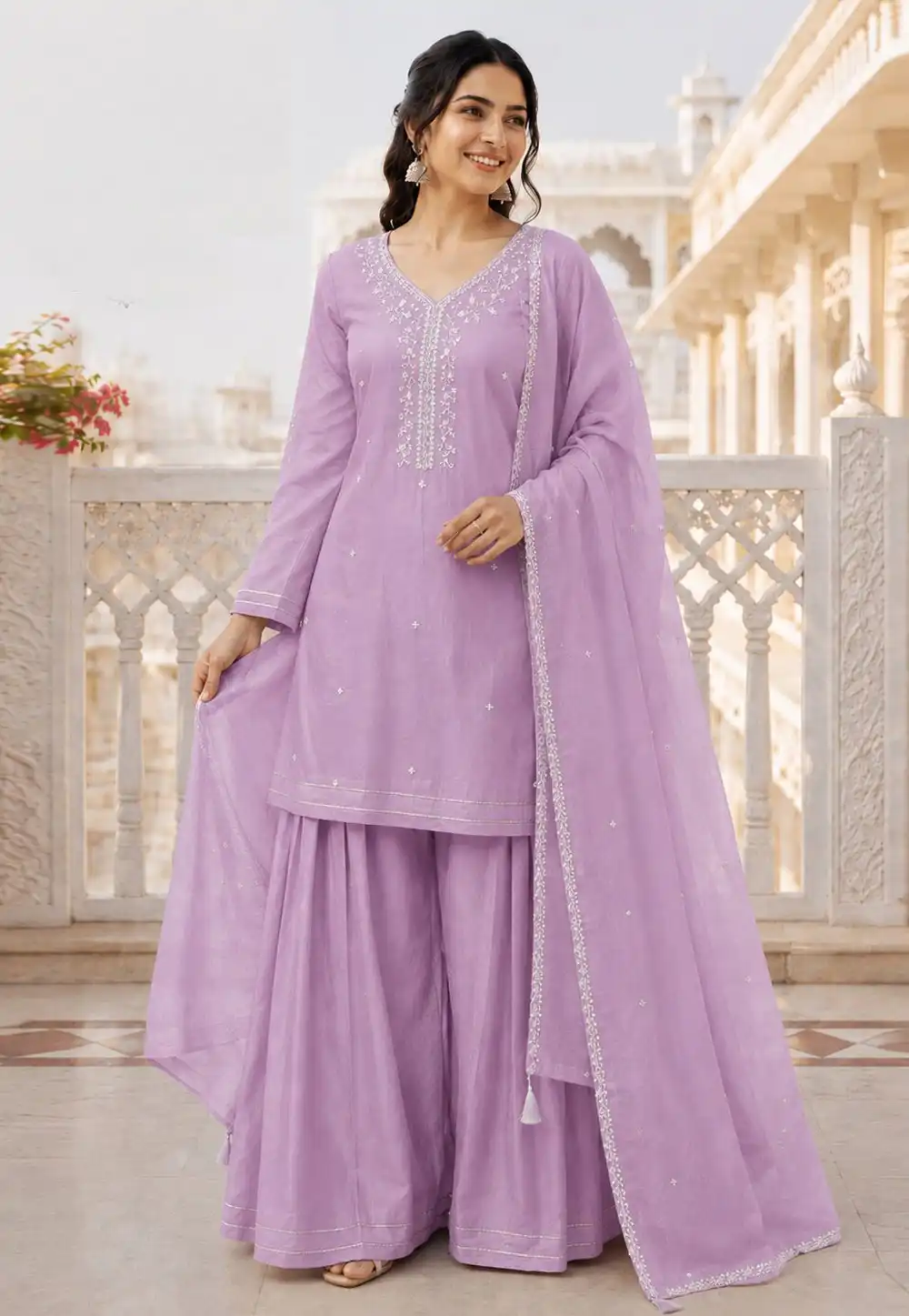 Lavender Silk Readymade Palazzo Suit 329614