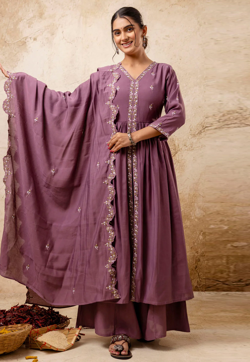 Lavender Silk Readymade Palazzo Suit 307074