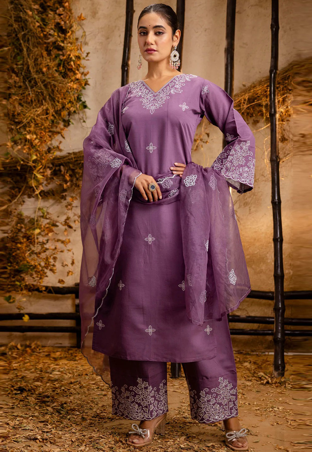 Lavender Silk Readymade Palazzo Suit 308914