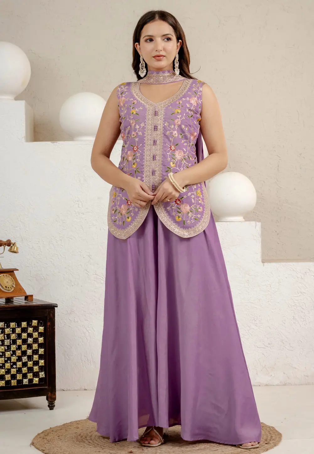 Lavender Silk Readymade Palazzo Suit 333603