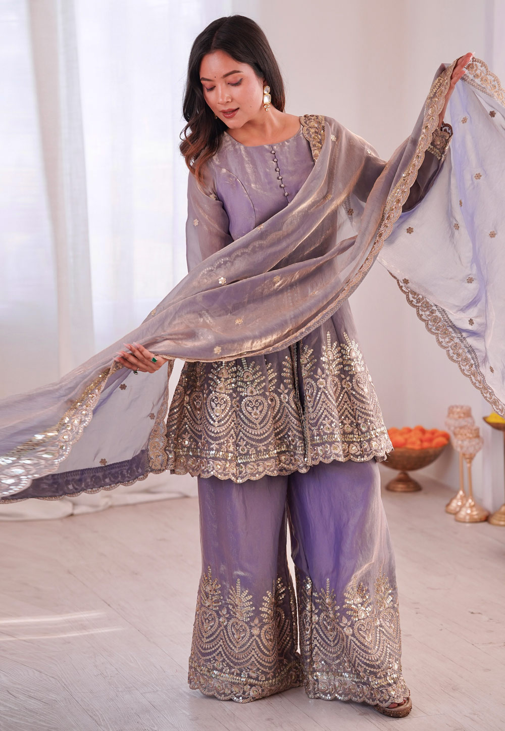 Lavender Silk Readymade Palazzo Suit 322772