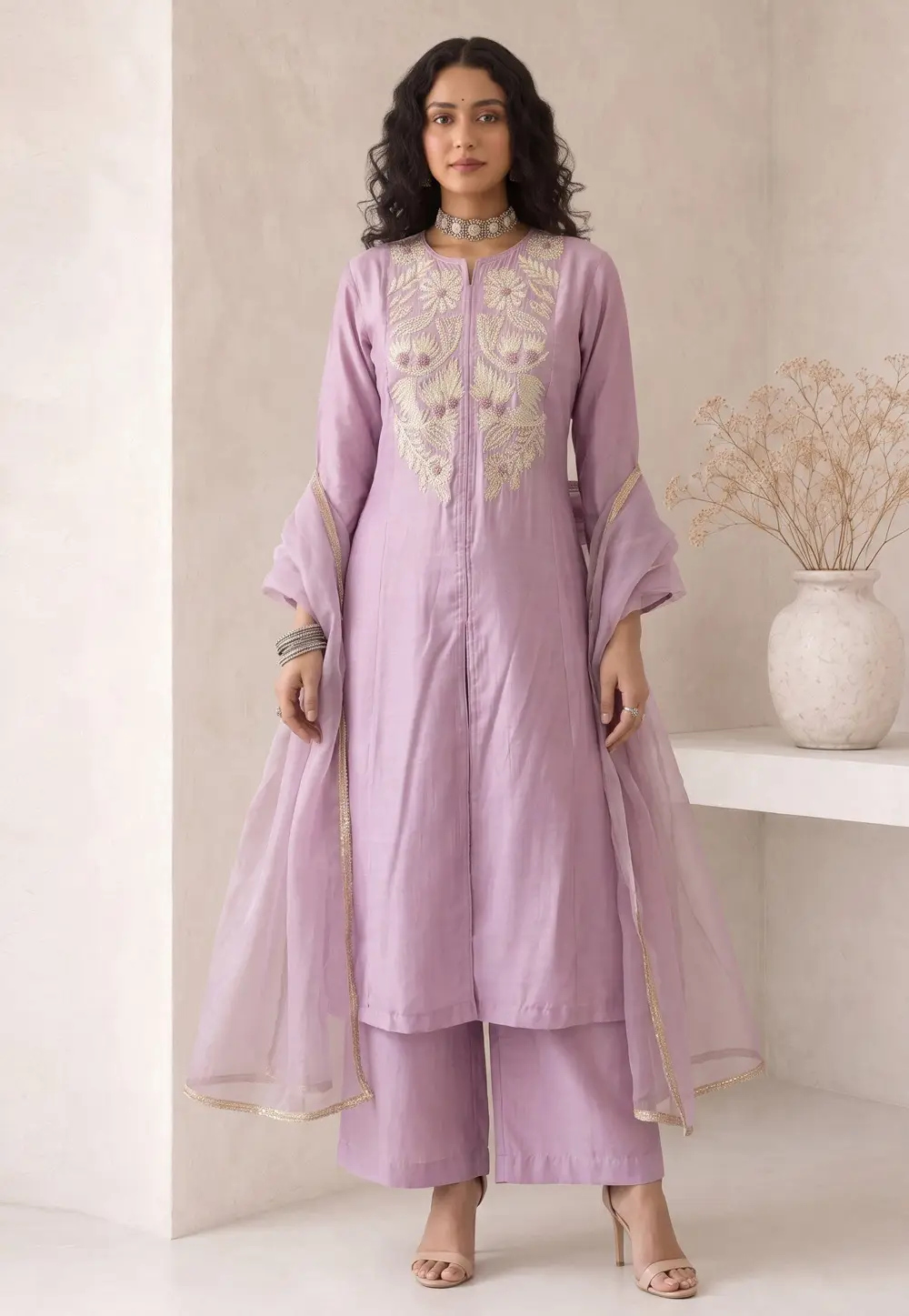 Lavender Silk Readymade Palazzo Suit 333041