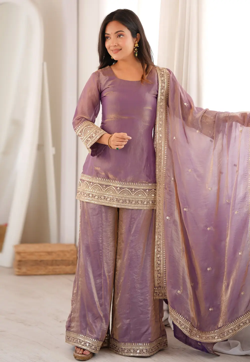 Lavender Silk Readymade Palazzo Suit 334875
