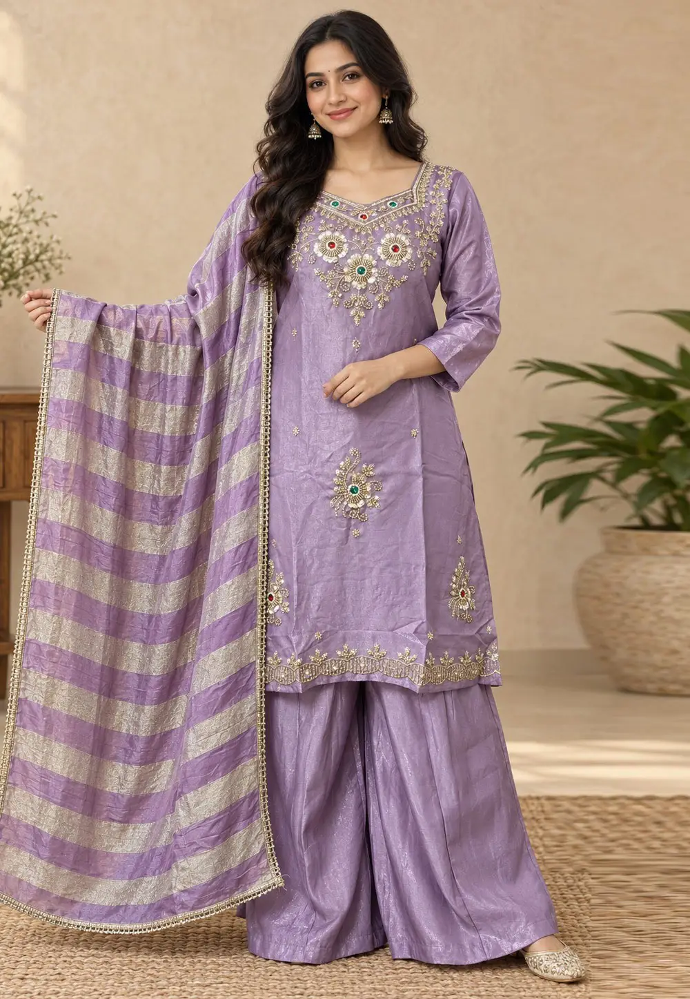 Lavender Silk Readymade Palazzo Suit 337248