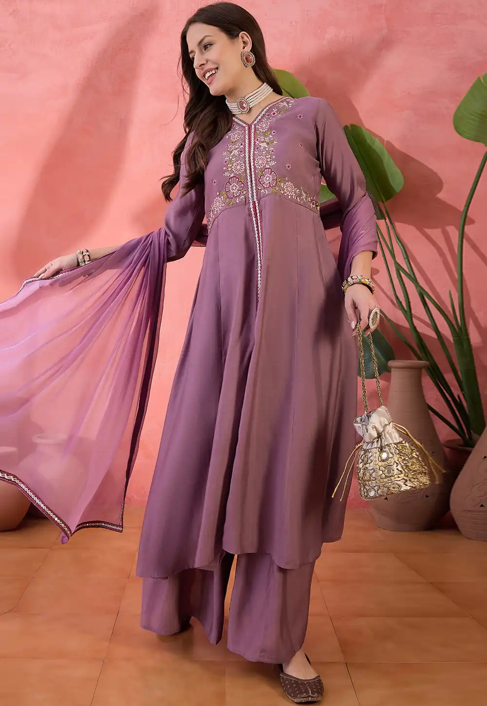 Lavender Silk Readymade Palazzo Suit 309158