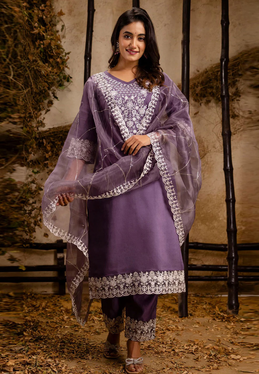 Lavender Silk Readymade Pant Style Suit 306925