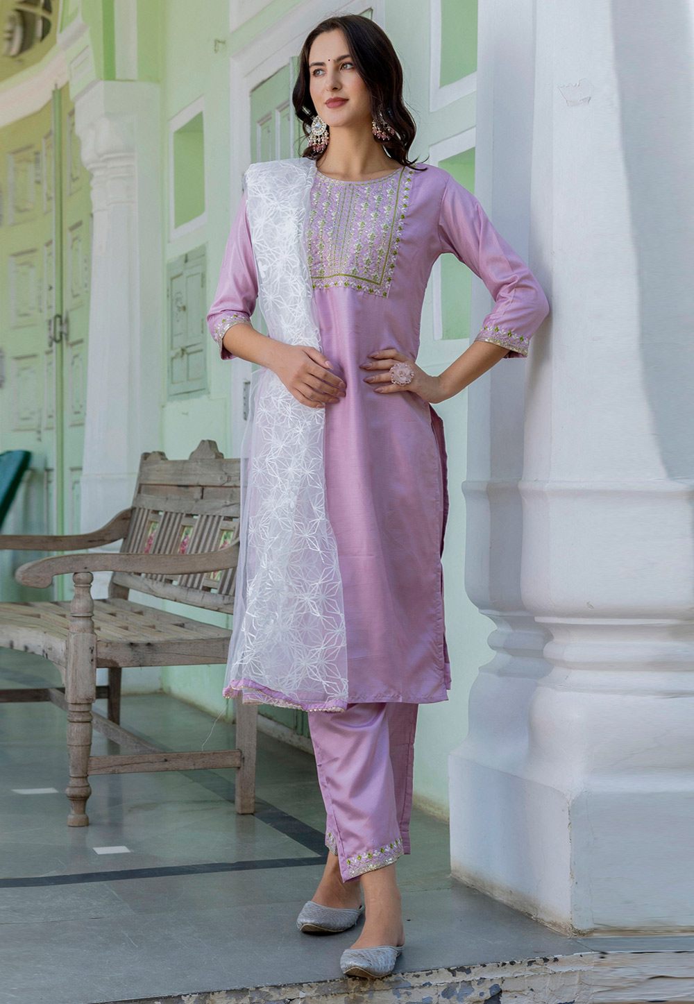 Lavender Silk Readymade Pant Style Suit 310256