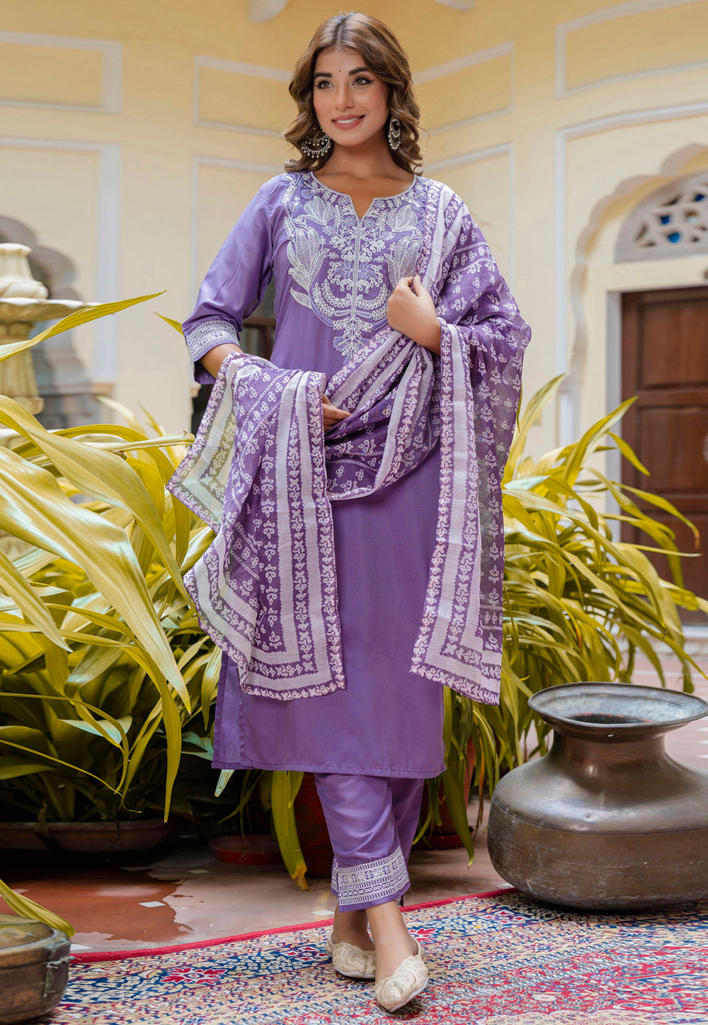Lavender Silk Readymade Pant Style Suit 312465