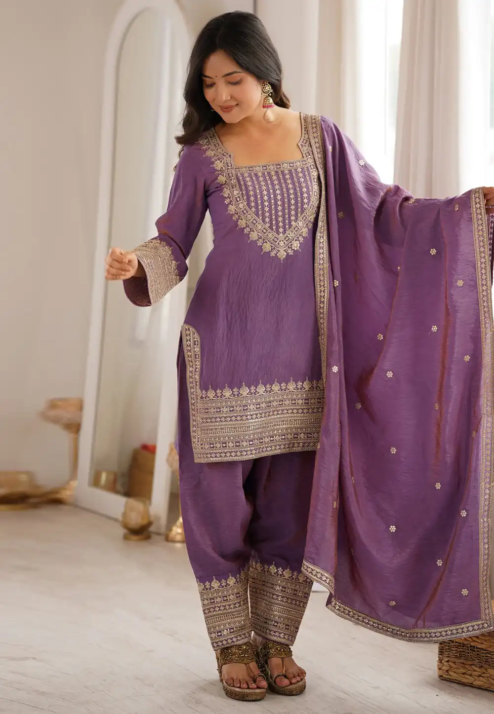 Lavender Silk Readymade Pant Style Suit 330188