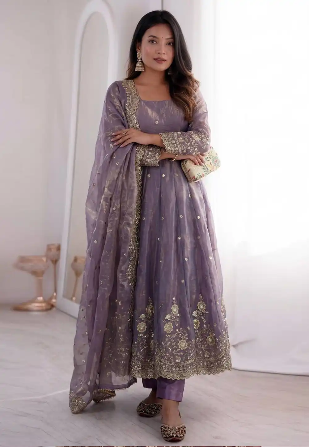 Lavender Silk Readymade Pant Style Suit 329662
