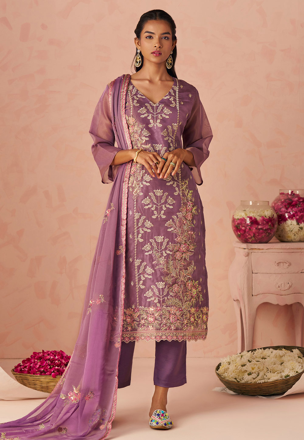Lavender Silk Readymade Pant Style Suit 319303