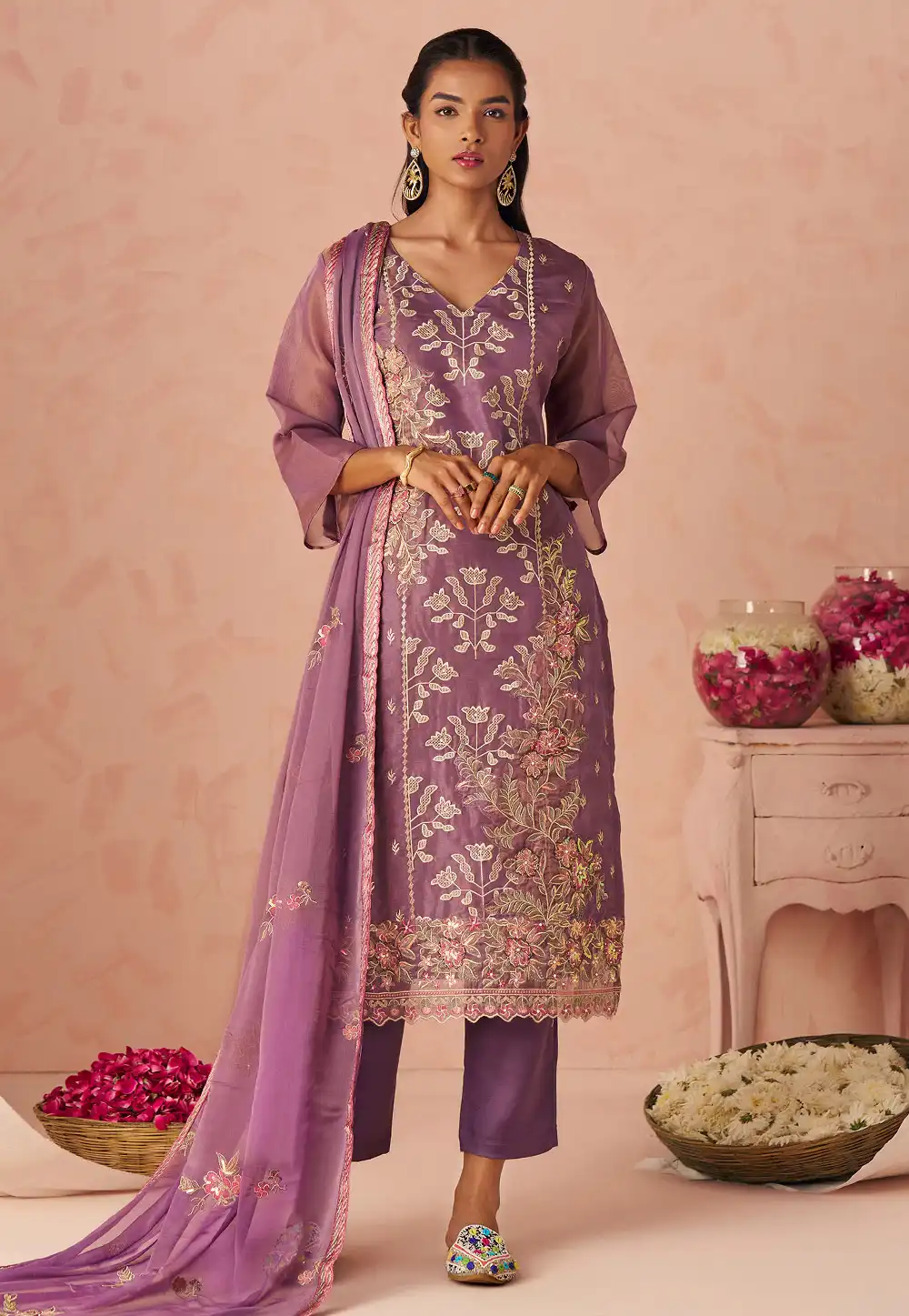 Lavender Silk Readymade Pant Style Suit 319303