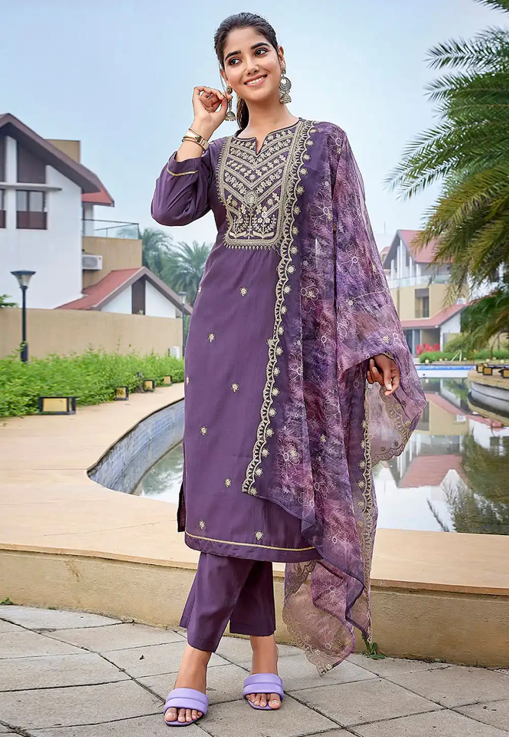 Lavender Silk Readymade Pant Style Suit 324833