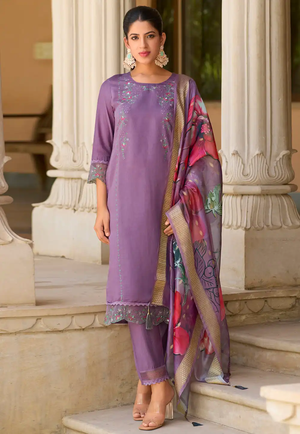 Lavender Silk Readymade Pant Style Suit 329946