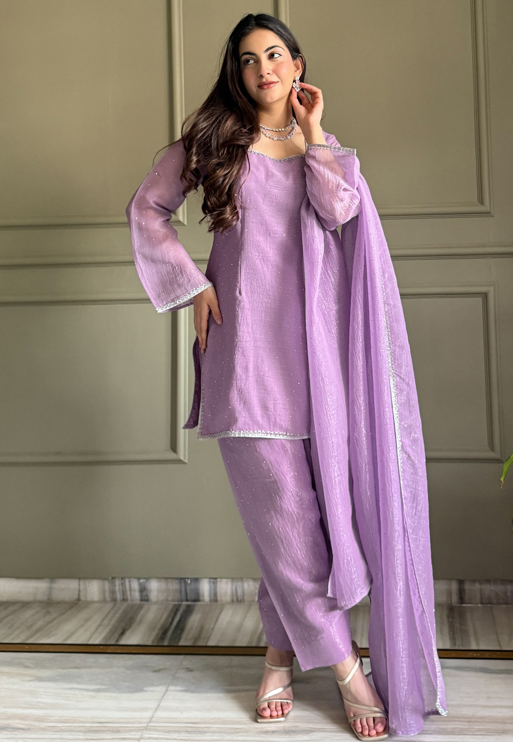 Lavender Silk Readymade Punjabi Suit 327350