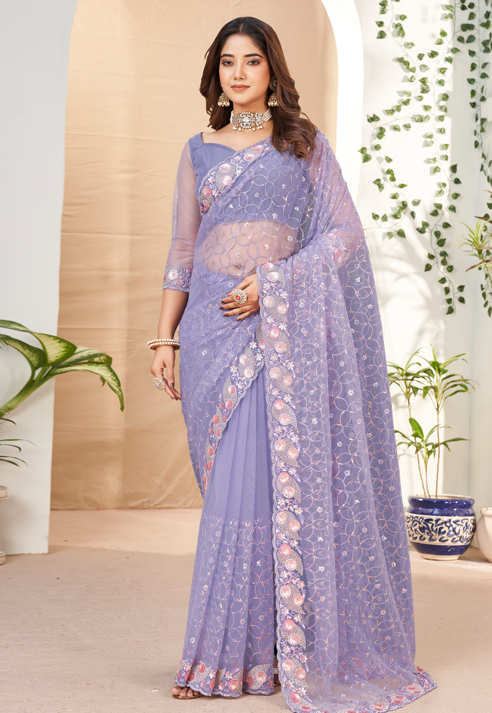 Lavender Soft Net Saree With Blouse 283619