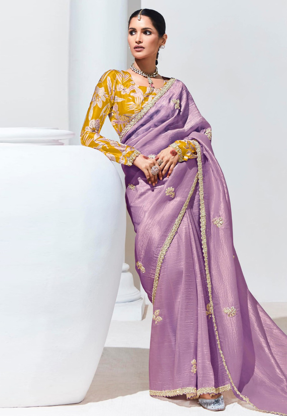 Lavender Tissue Saree With Blouse 307789