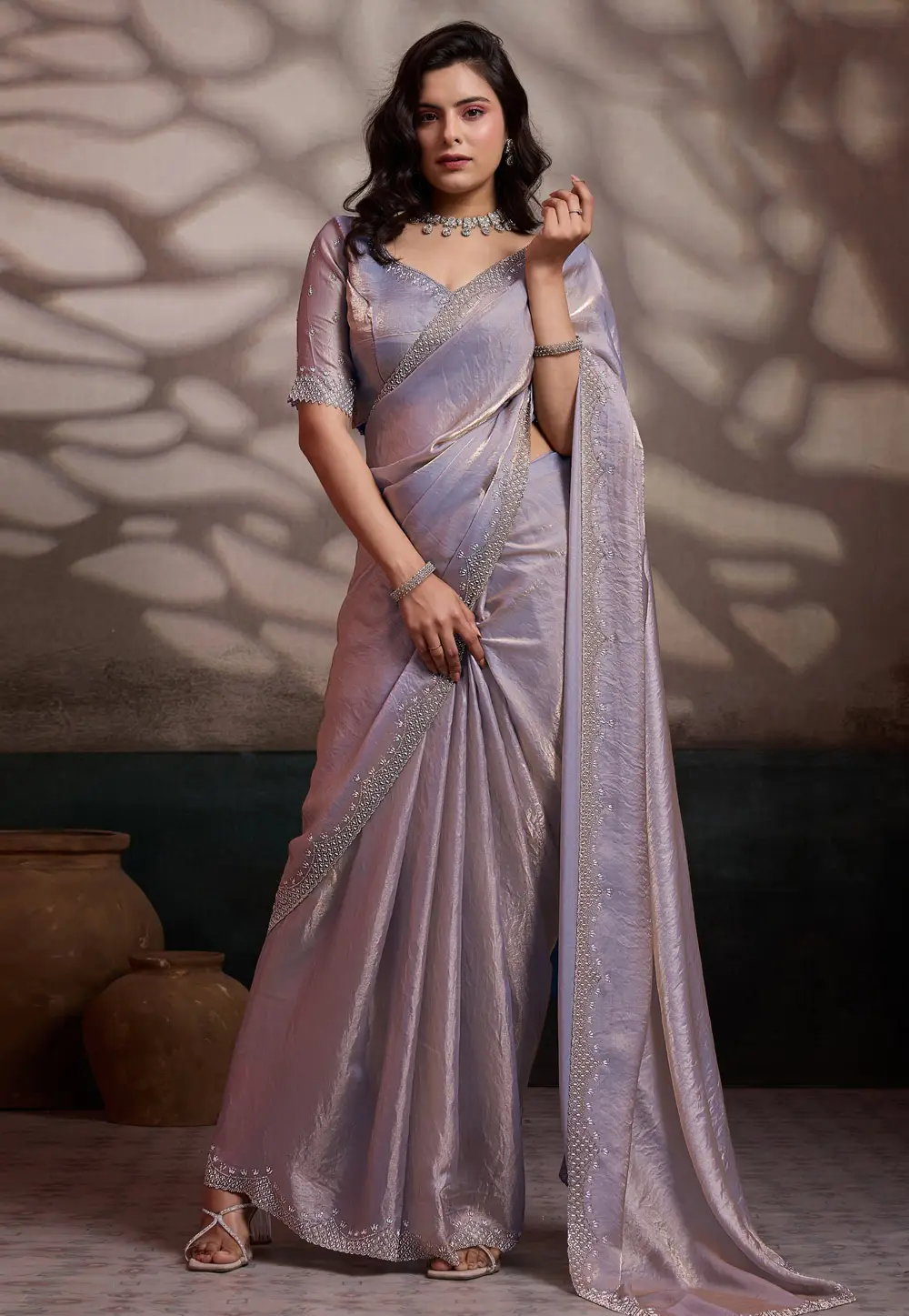 Lavender Velvet Saree With Blouse 334528