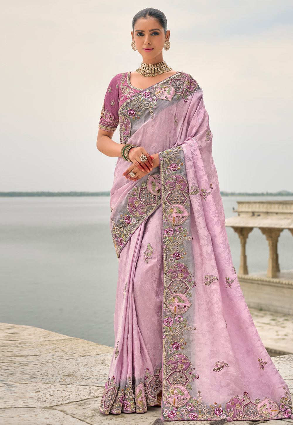 Lavender Viscose Jacquard Saree With Blouse 307804