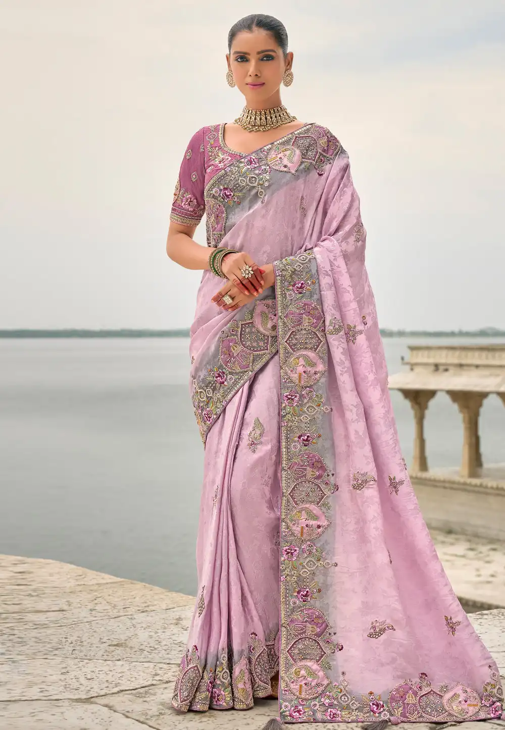 Lavender Viscose Jacquard Saree With Blouse 307804
