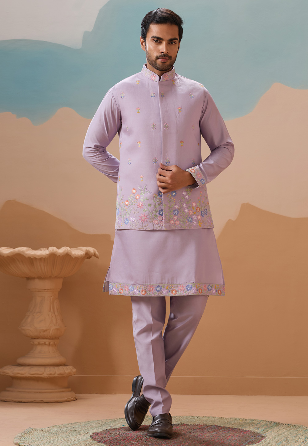 Lavender Viscose Kurta Pajama With Jacket 318313