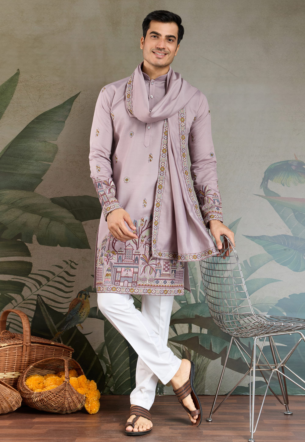 Lavender Viscose Kurta Pajama With Stole 311430