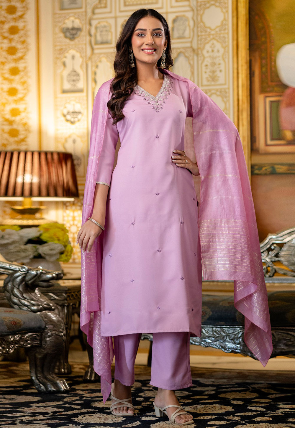 Lavender Viscose Rayon Readymade Pakistani Suit 322410