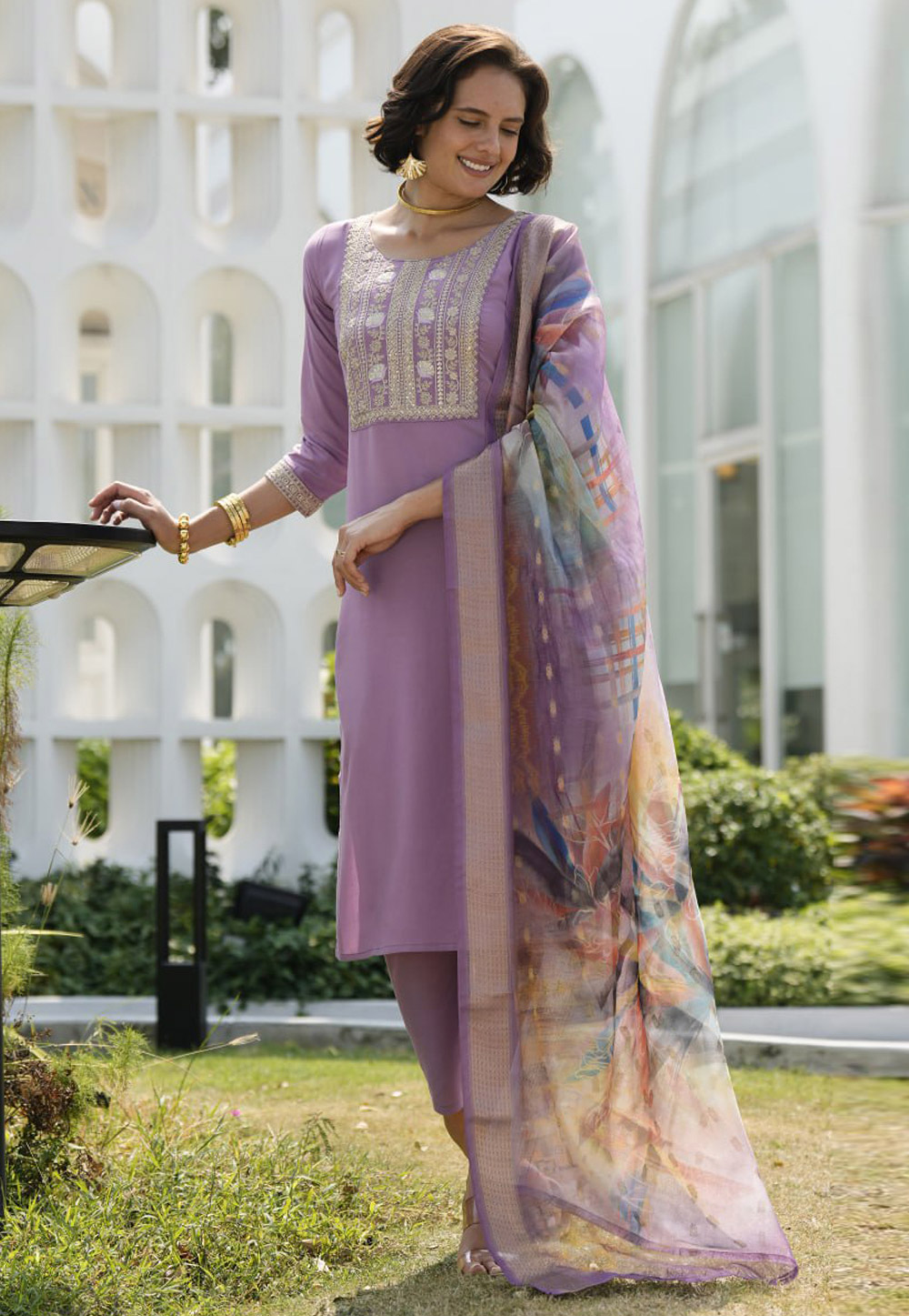 Lavender Viscose Rayon Readymade Pant Style Suit 311992