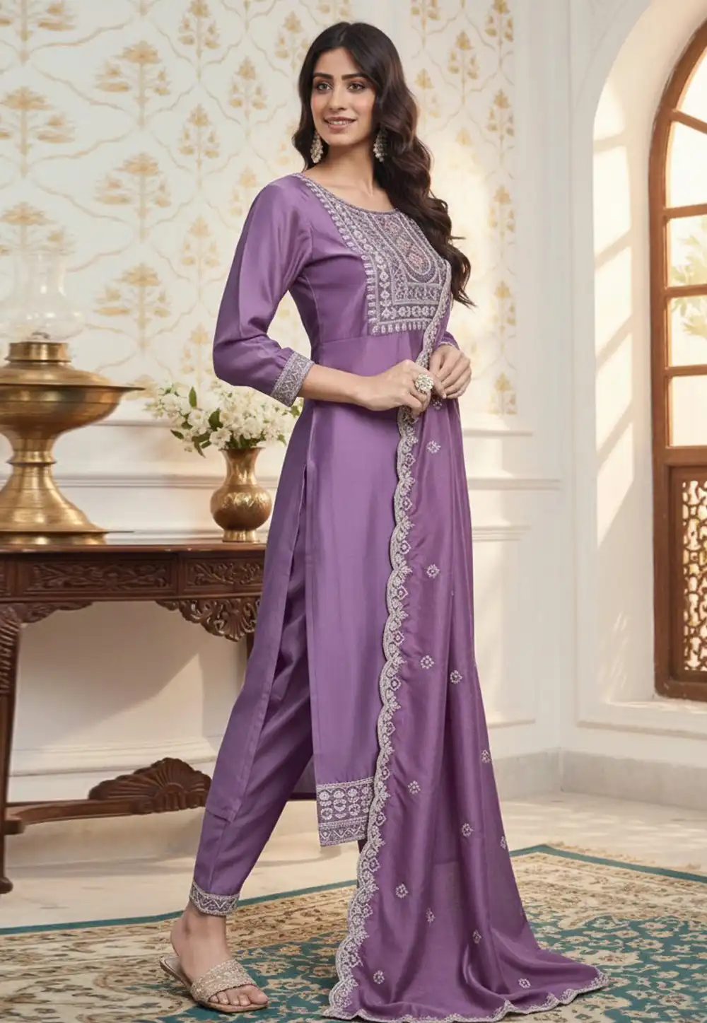 Lavender Viscose Readymade Pant Style Suit 324724