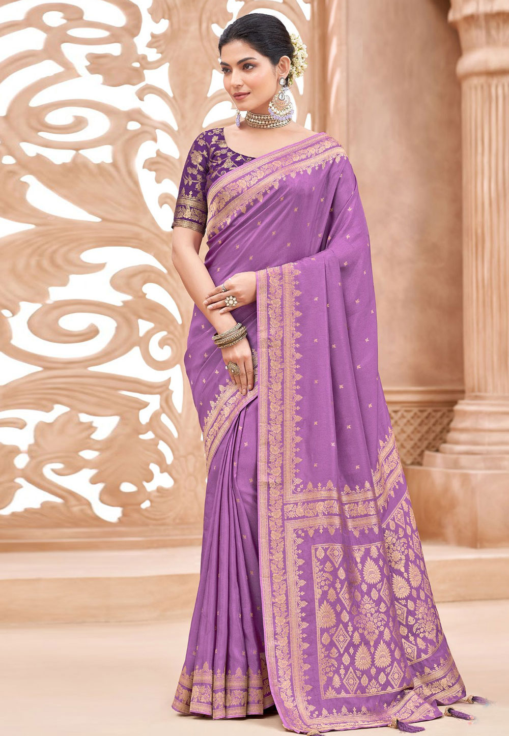 Lavender Viscose Saree With Blouse 325292