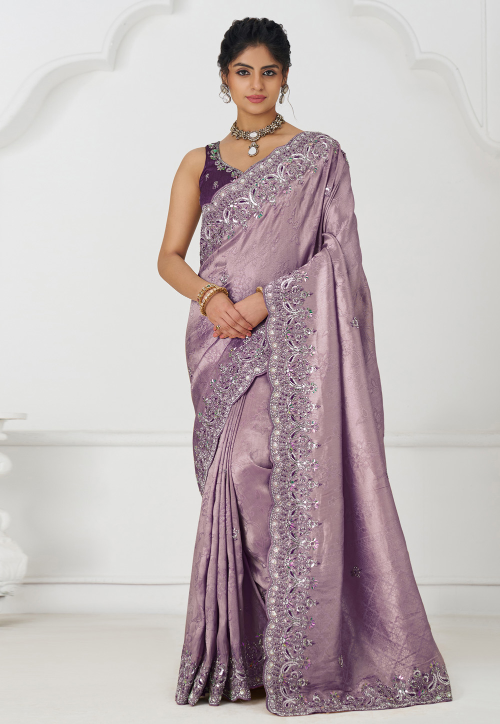 Lavender Viscose Saree With Blouse 308978
