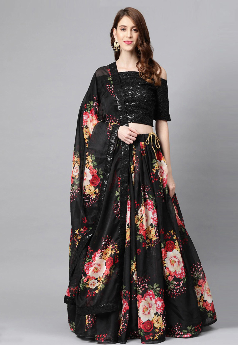 Black Organza Floral Lehenga Choli 231765