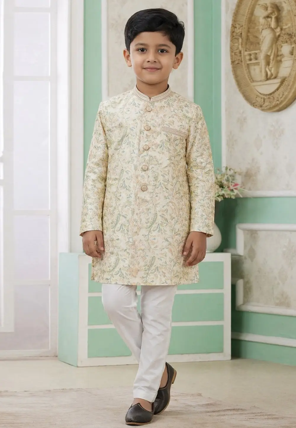 Lemon Yellow Banarasi Jacquard Boys Indo Western Suit 335785