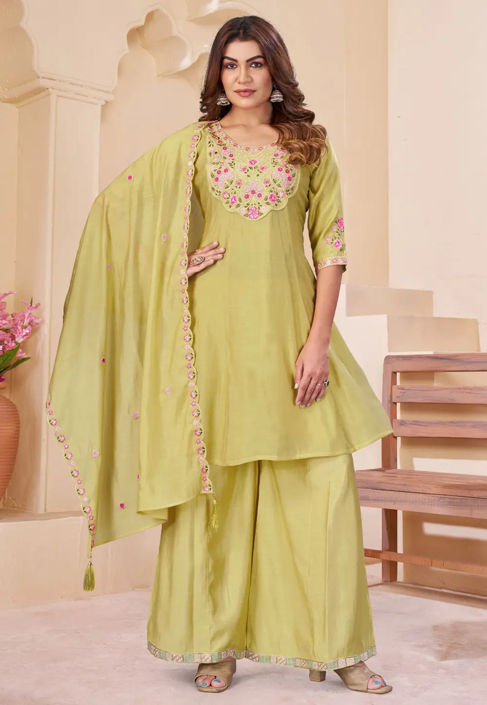 Lemon Yellow Chanderi Readymade Palazzo Suit 336641