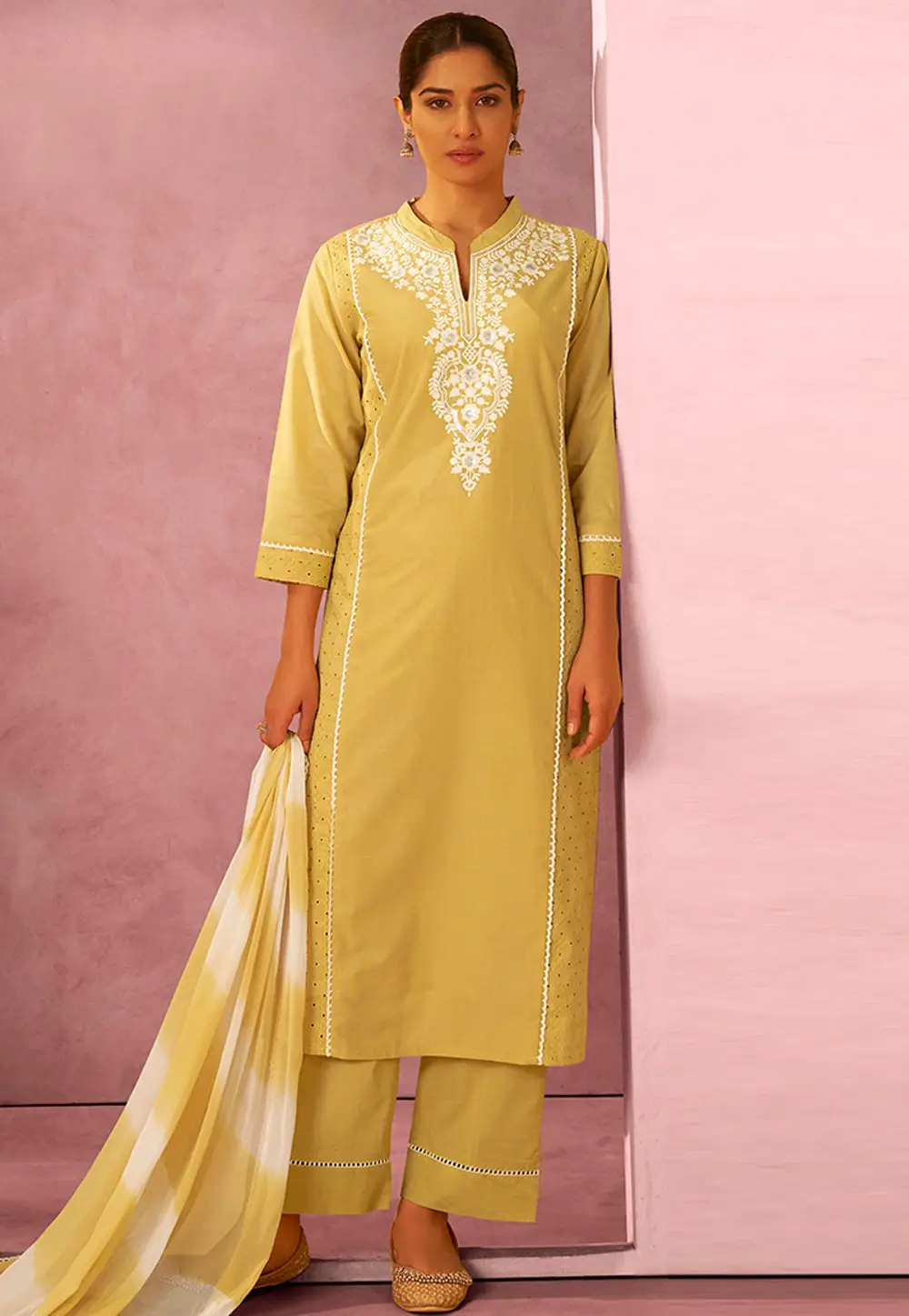 Lemon Yellow Cotton Readymade Straight Suit 334184