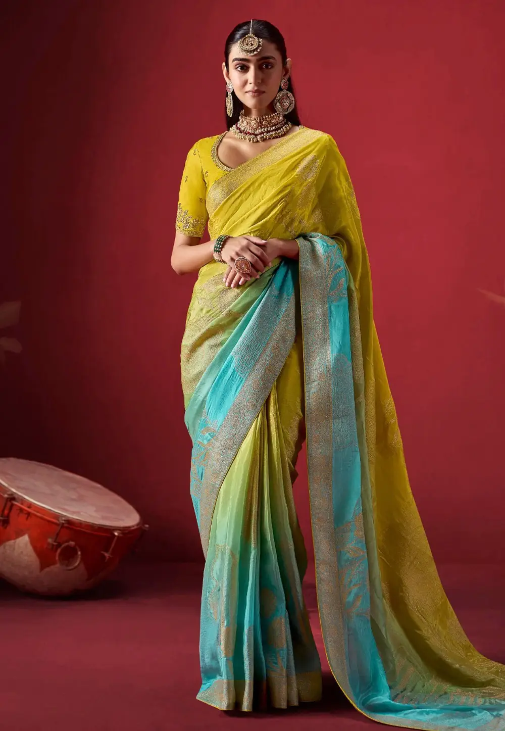 Lemon Yellow Crepe Silk Half N Half Saree 336019