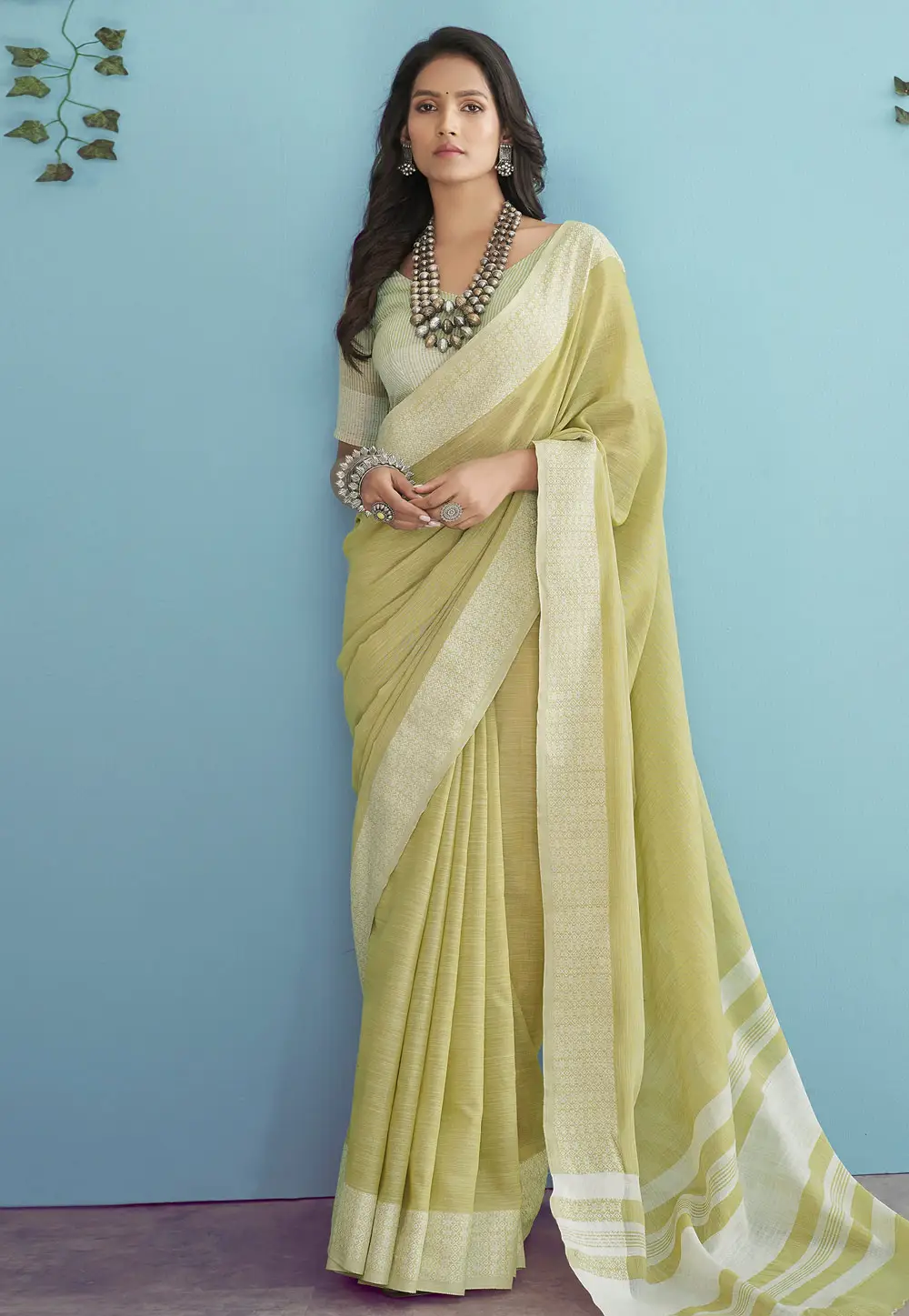 Lemon Yellow Linen Saree With Blouse 332892