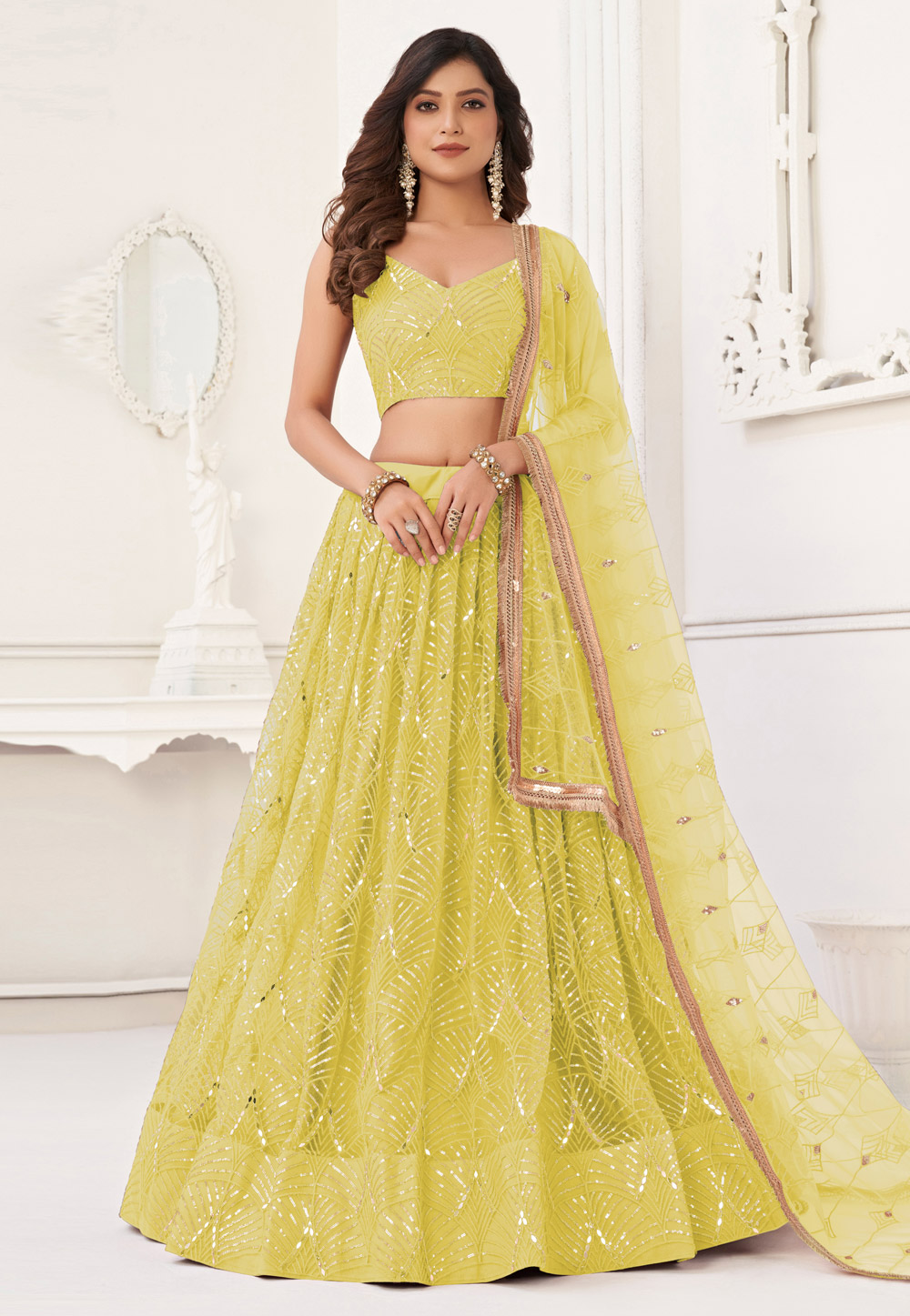 Lemon Yellow Net Lehenga Choli 323354