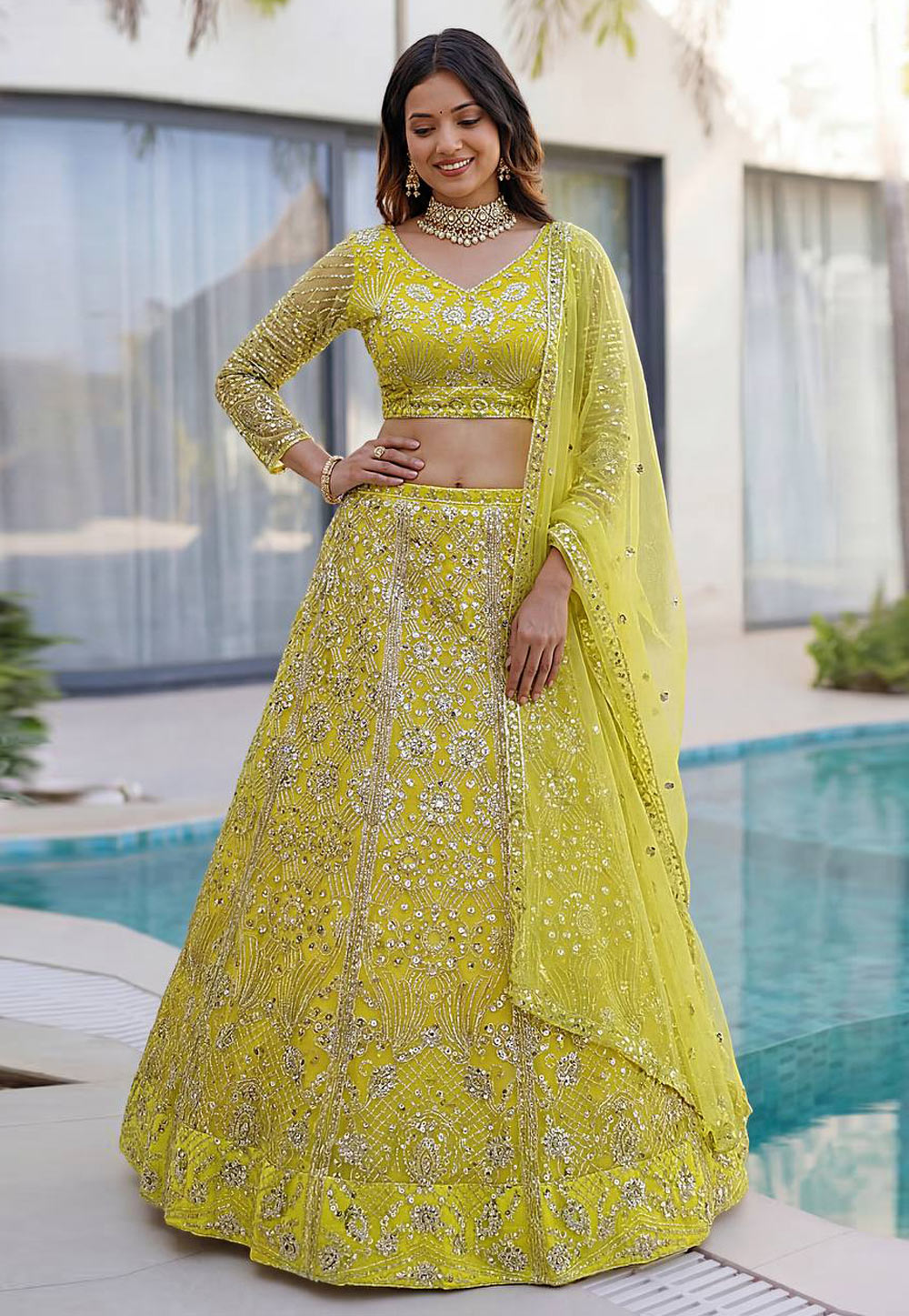 Lemon Yellow Net Lehenga Choli 326502